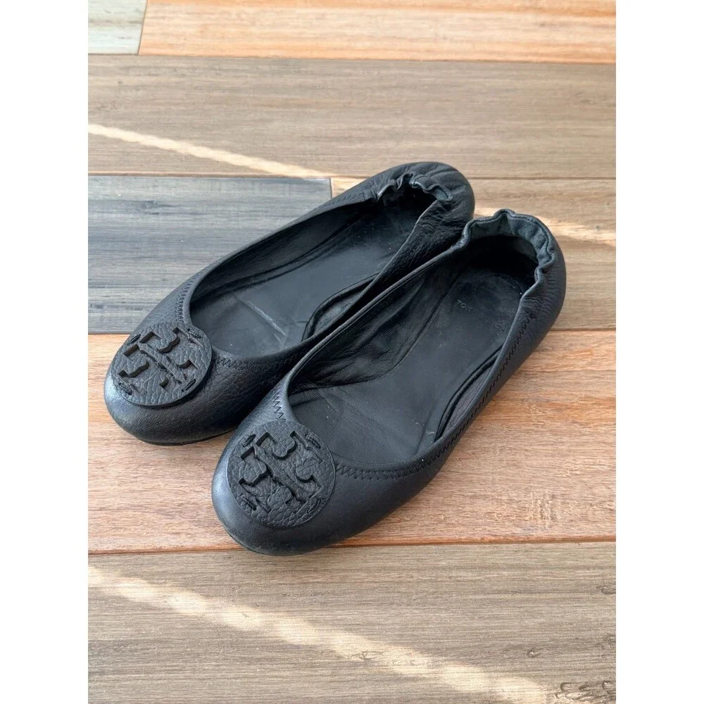 Tory Burch Minnie Travel Ballet Flats Black Leather Size 8